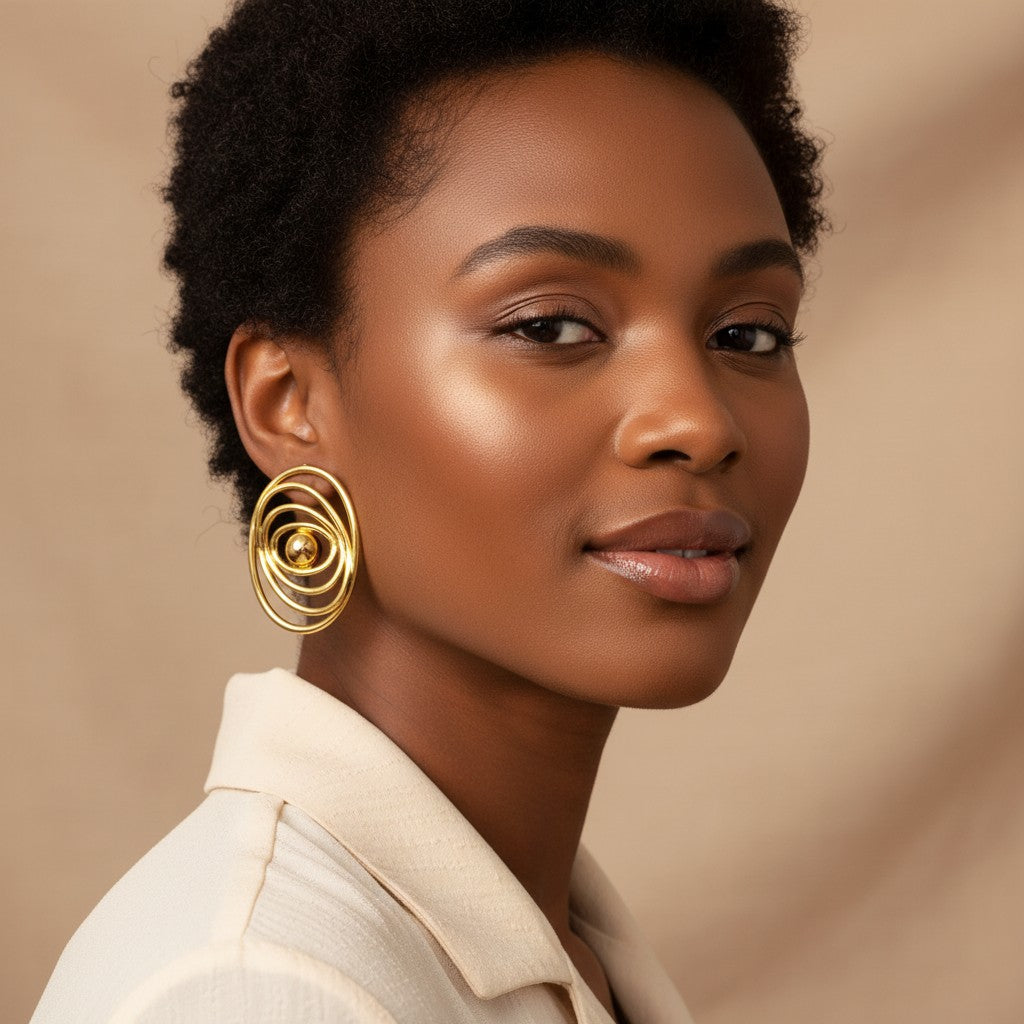 House of eLLe gold spiral statement earrings worn by a woman with glowing skin against a neutral beige background