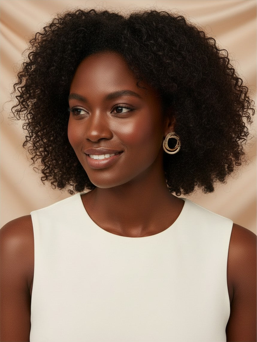 Model wearing House of eLLe Sass In The City gold textured hoop earrings against a draped beige background