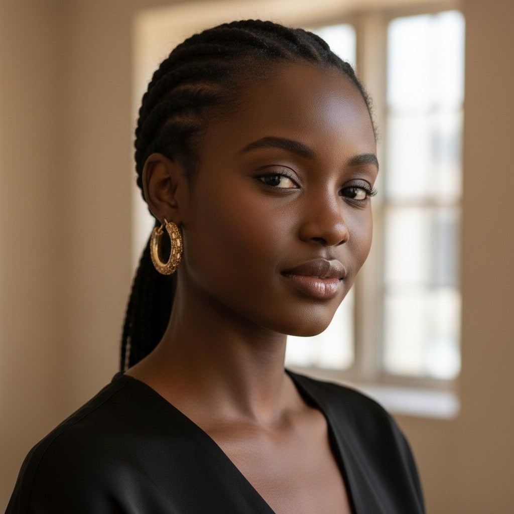 Model wearing House of eLLe Life Of The Party gold textured hoop earrings in a bright indoor setting.
