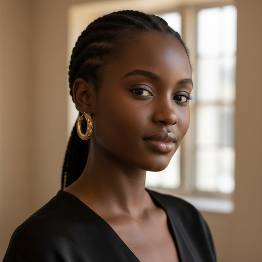 Model wearing House of eLLe Life Of The Party gold textured hoop earrings in a bright indoor setting.
