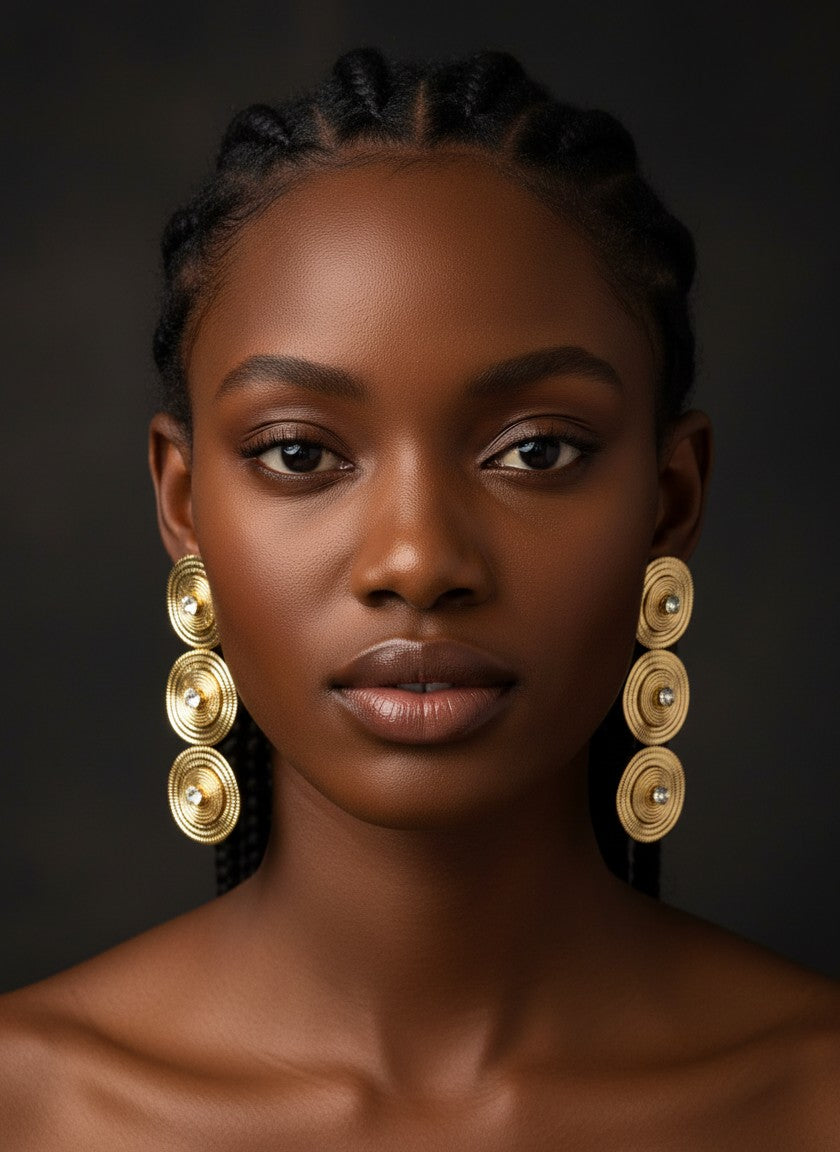 House of eLLe Let Me Upgrade You gold triple-circle drop earrings with crystal accents worn by a model.