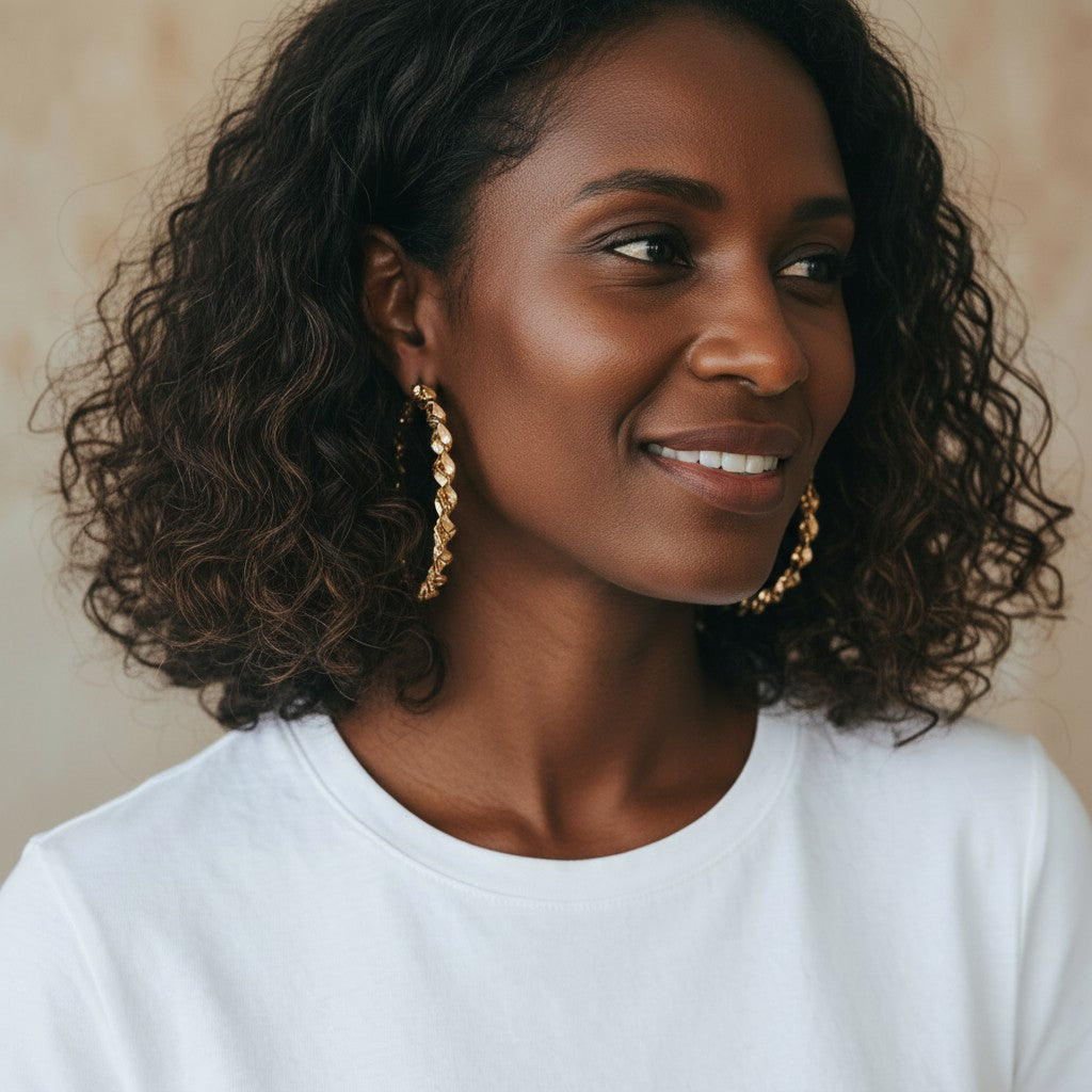 Woman wearing House of eLLe gold twisted hoop earrings with a textured finish against a neutral background.