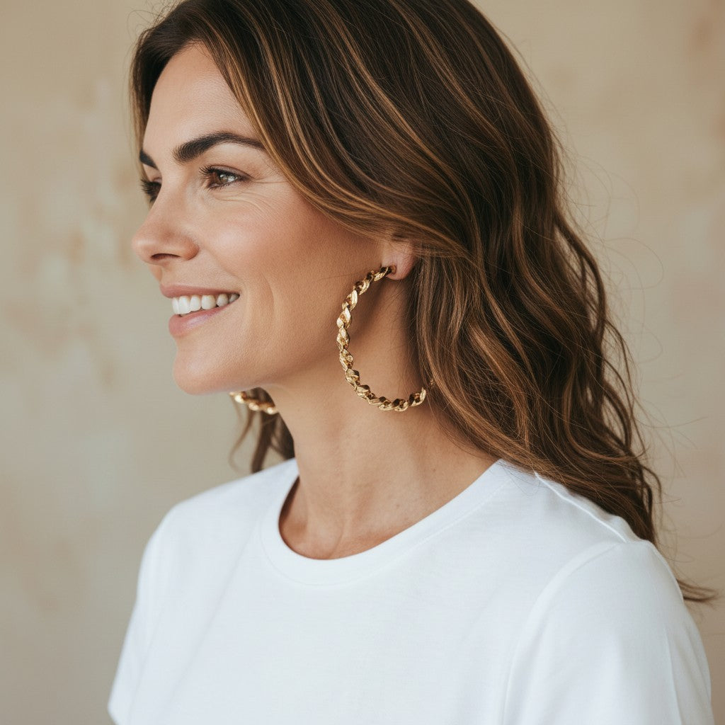 A woman wearing House of eLLe gold twisted hoop earrings, viewed from the side against a neutral background.