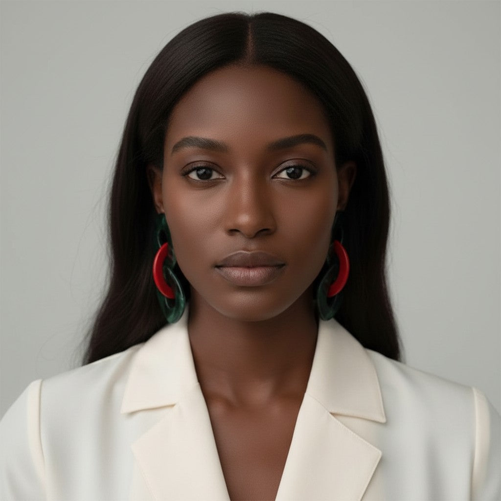 House of eLLe "Never A Dull Moment" earrings in green and red acrylic, featuring an infinity shape.