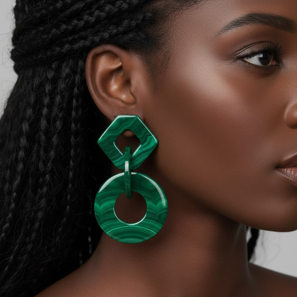 House of eLLe Never A Dull Moment green acrylic statement earrings with geometric shapes.