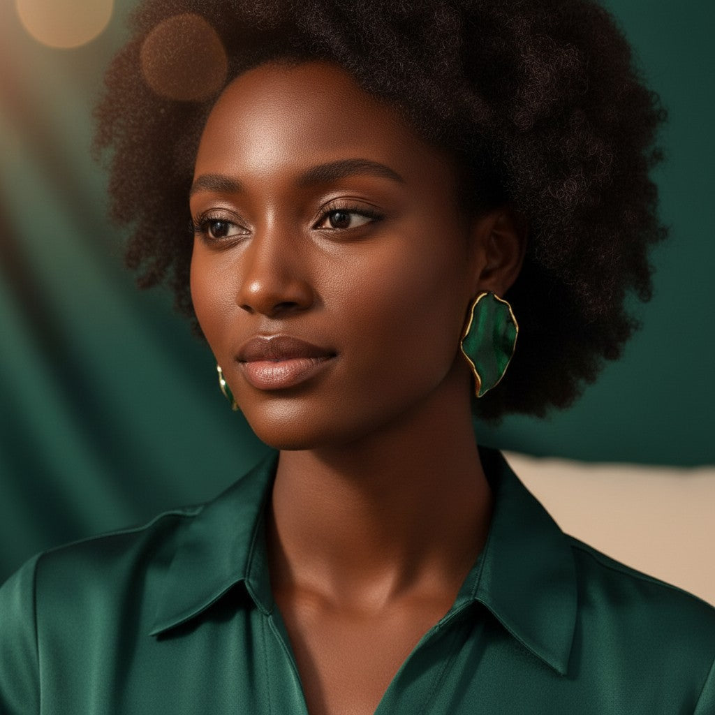 House of eLLe Beautiful Me earrings featuring organic green stone shapes with gold edges worn by a woman