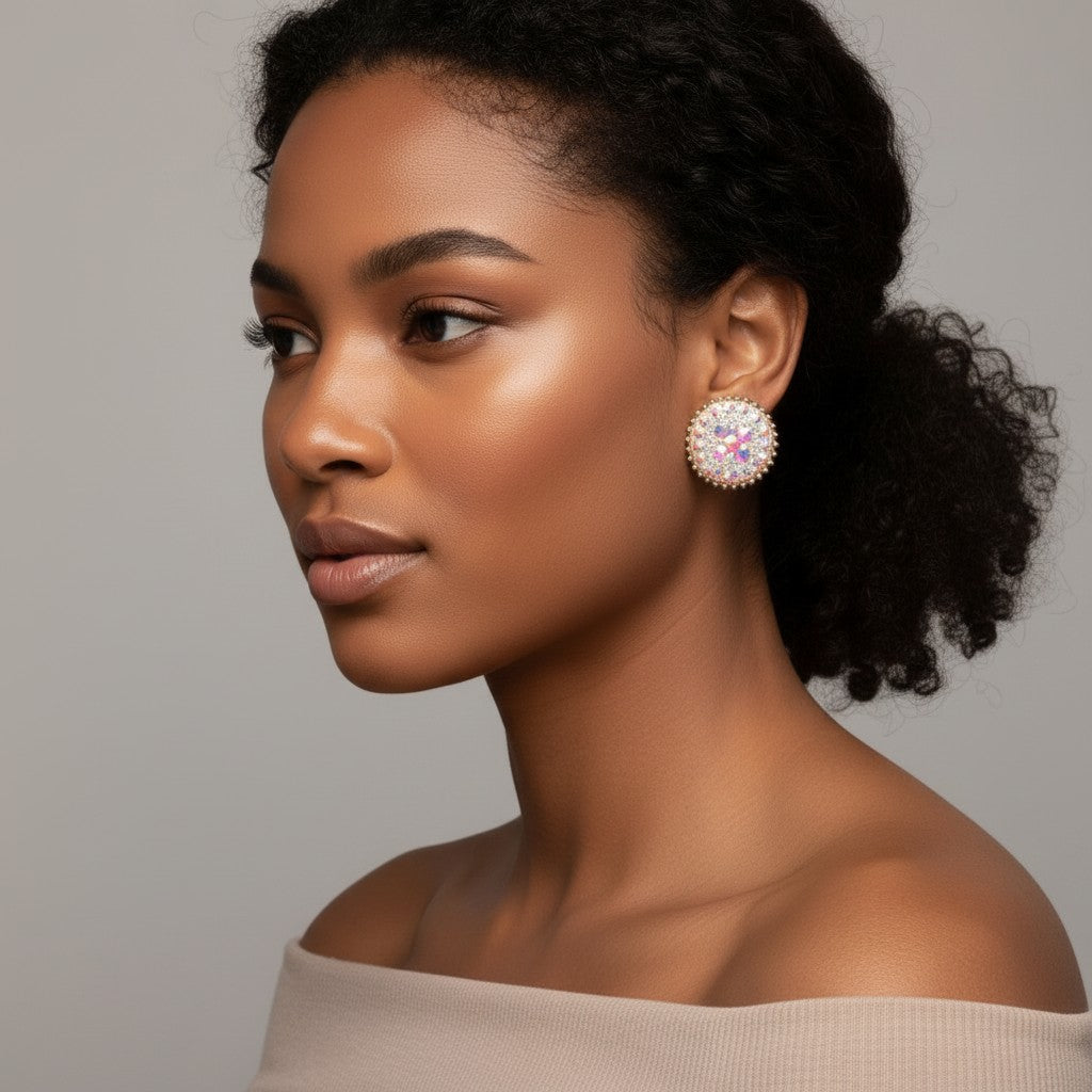 House of eLLe round stud earrings with iridescent crystals and gold beaded trim.