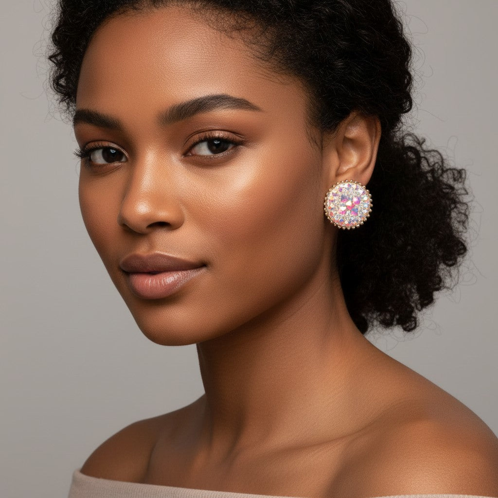 House of eLLe round stud earrings with iridescent crystals and rose gold trim. Sparkly, statement jewelry.