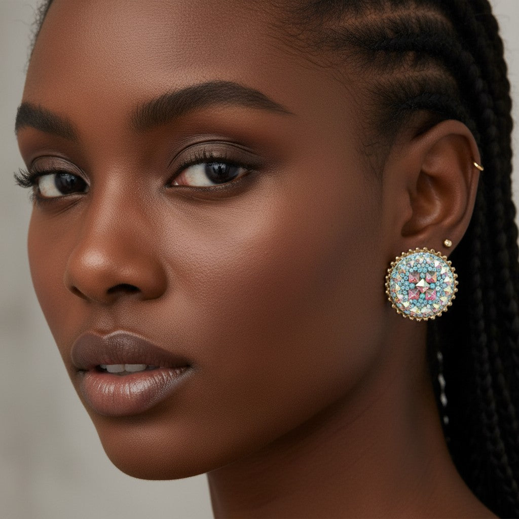 House of eLLe round stud earrings with iridescent blue and pink geometric crystal mosaic design and gold trim.