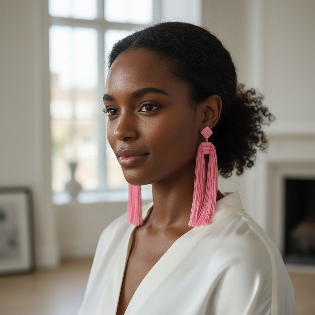 Model wearing House of eLLe Queen Era pink tassel earrings with a geometric stud top in a bright indoor setting.