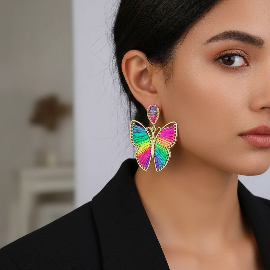 House of eLLe rainbow butterfly earrings featuring vibrant multi-colored thread detail worn by a model