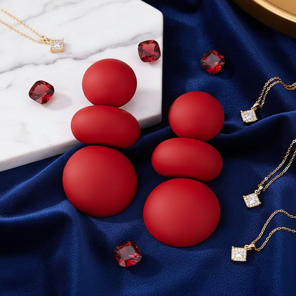 House of eLLe I'm Flexible red matte statement earrings featuring stacked circular shapes on a blue silk background.