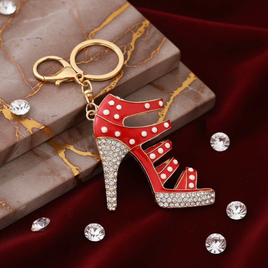 House of eLLe red high heel shoe bag charm with white polka dots and crystal embellishments on a gold keychain