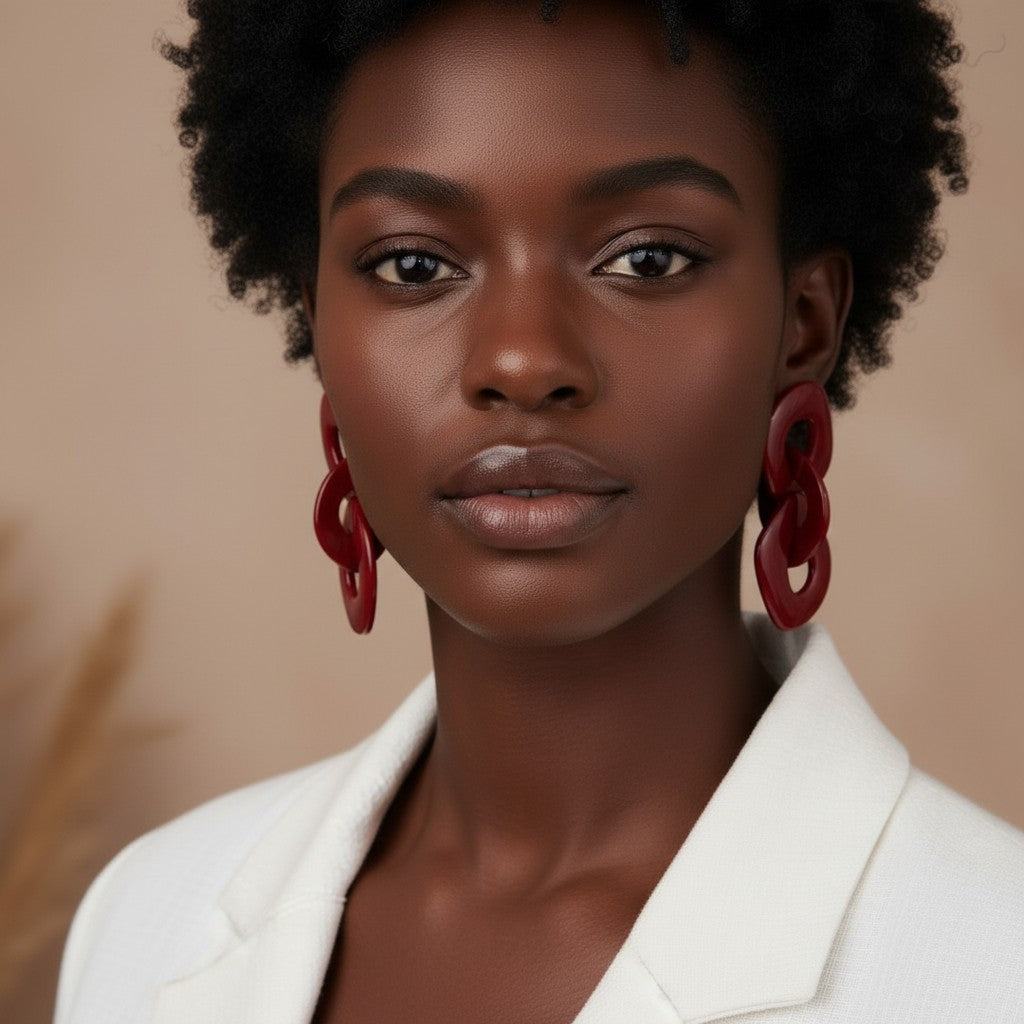 House of eLLe Never A Dull Moment Earrings in deep red resin, featuring a double chain link design.