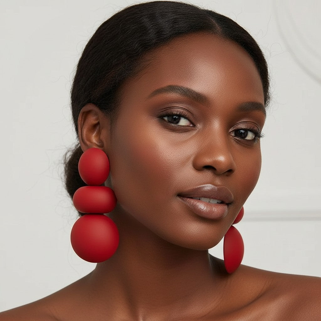 Model wearing House of eLLe I'm Flexible red statement earrings with stacked matte circular spheres.