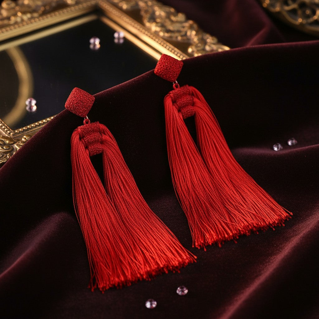 House of eLLe Queen Era red tassel earrings with textured square studs resting on dark velvet fabric