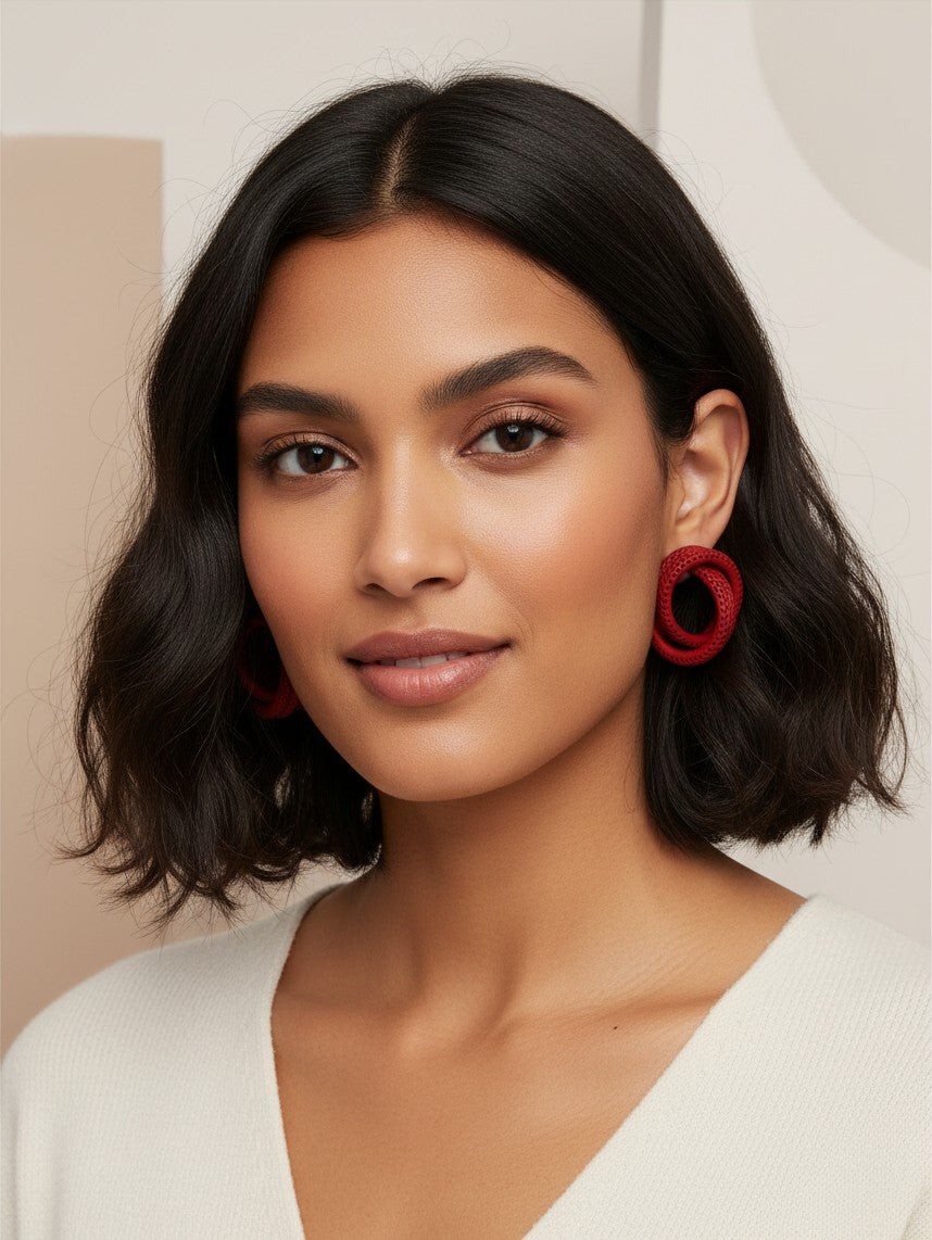 A model wearing House of eLLe Sass In The City red circular textured statement earrings against a neutral background.