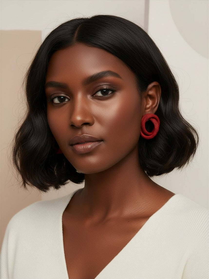 A model wearing House of eLLe Sass In The City red textured circular hoop earrings with a white top