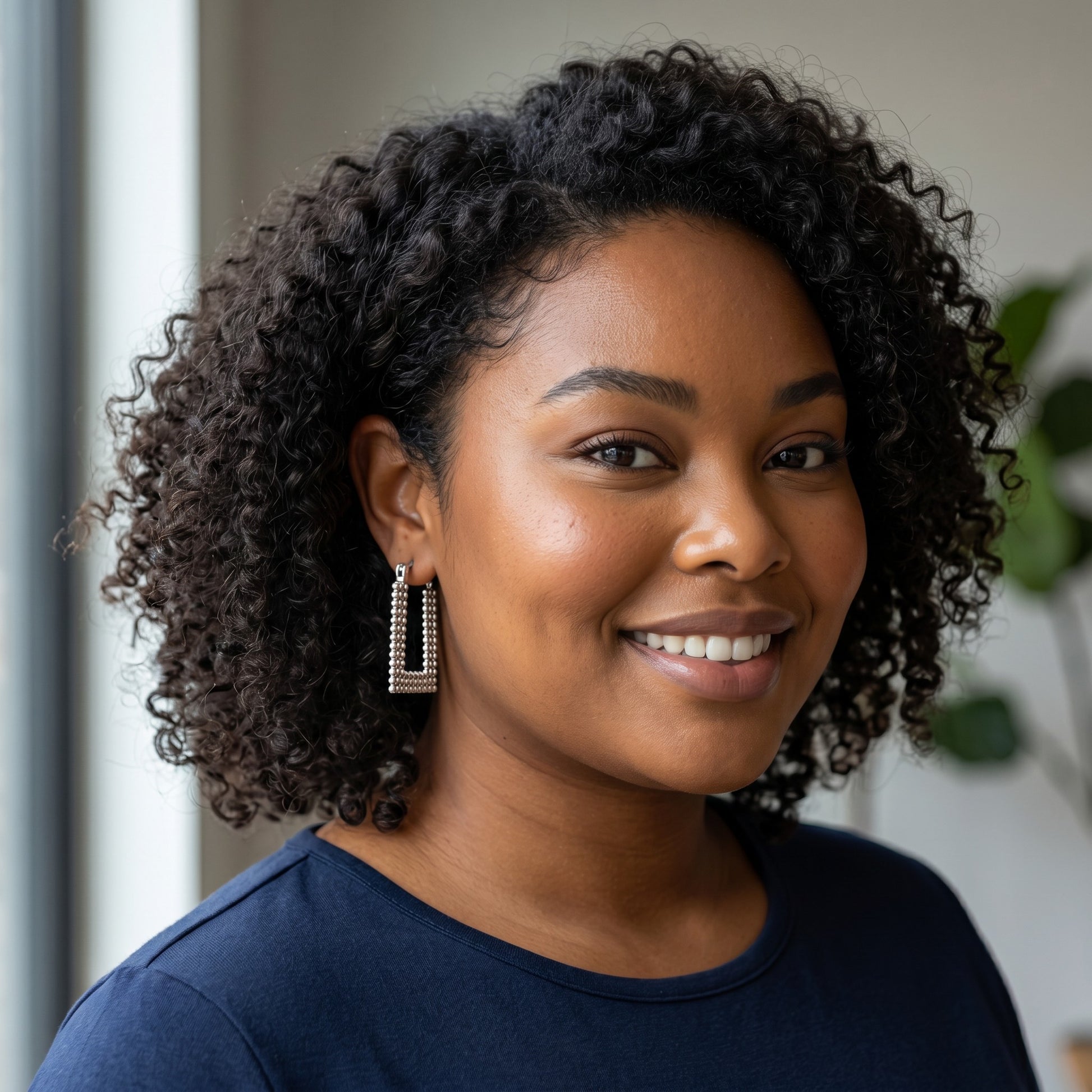 Woman wearing House of eLLe Always A Vibe silver rectangular beaded hoop earrings