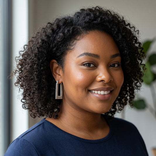 Woman wearing House of eLLe Always A Vibe silver rectangular beaded hoop earrings