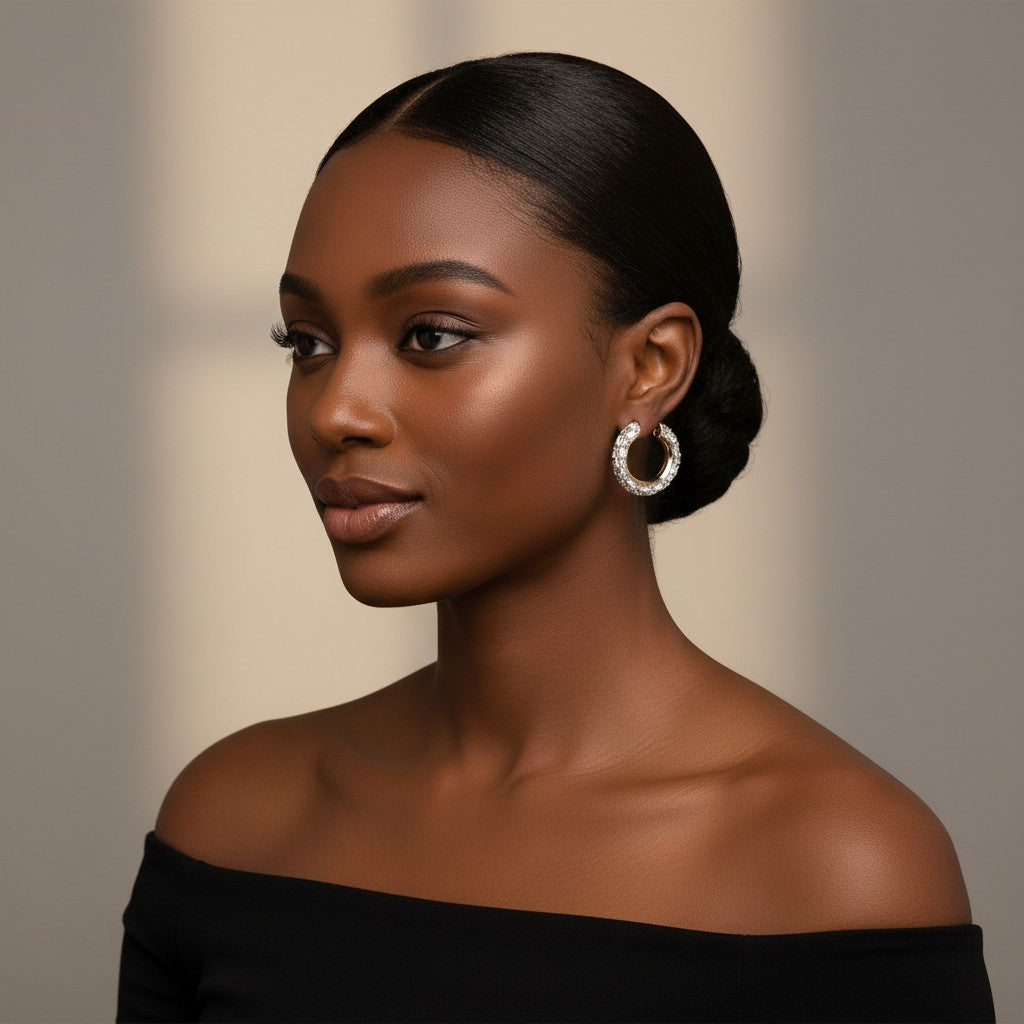 House of eLLe Life Of The Party silver iridescent hoop earrings worn by a woman with a sleek bun hairstyle.