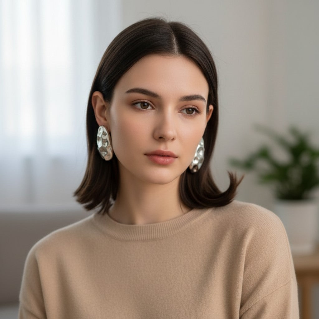 House of eLLe A Special Affair silver earrings featuring a textured organic shape worn by a woman in a beige sweater