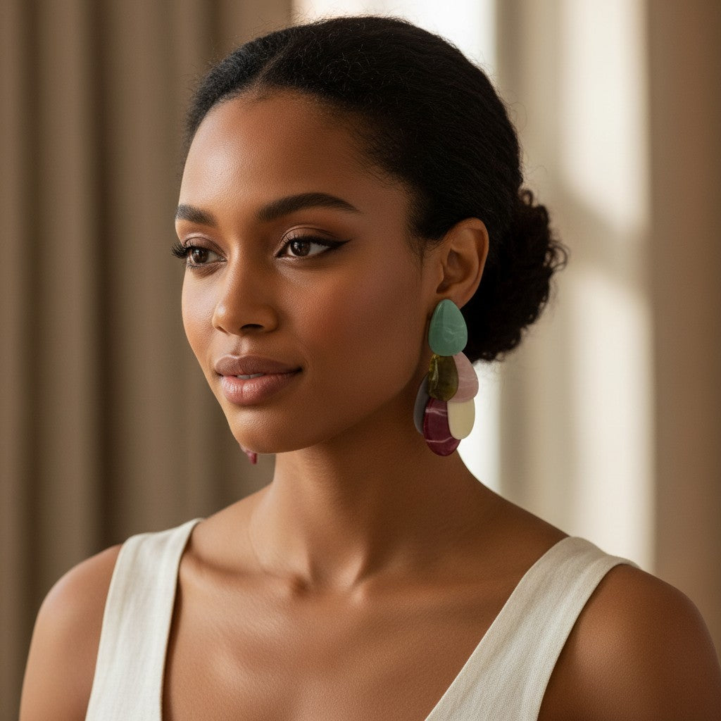 House of eLLe Spring Flavor abstract resin drop earrings in pastel green, pink, cream, and burgundy.