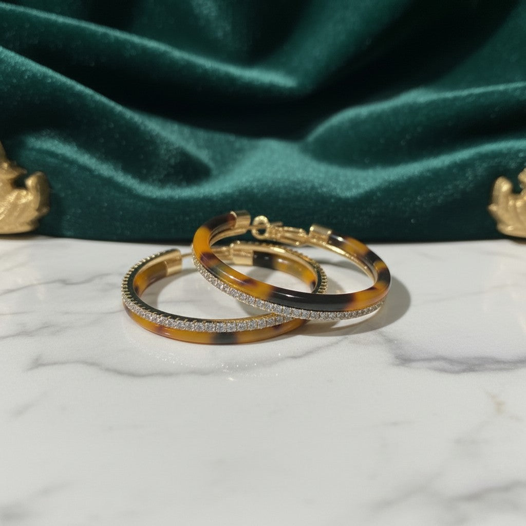 House of eLLe double hoop earrings featuring brown tortoiseshell pattern with a sparkling crystal-encrusted band