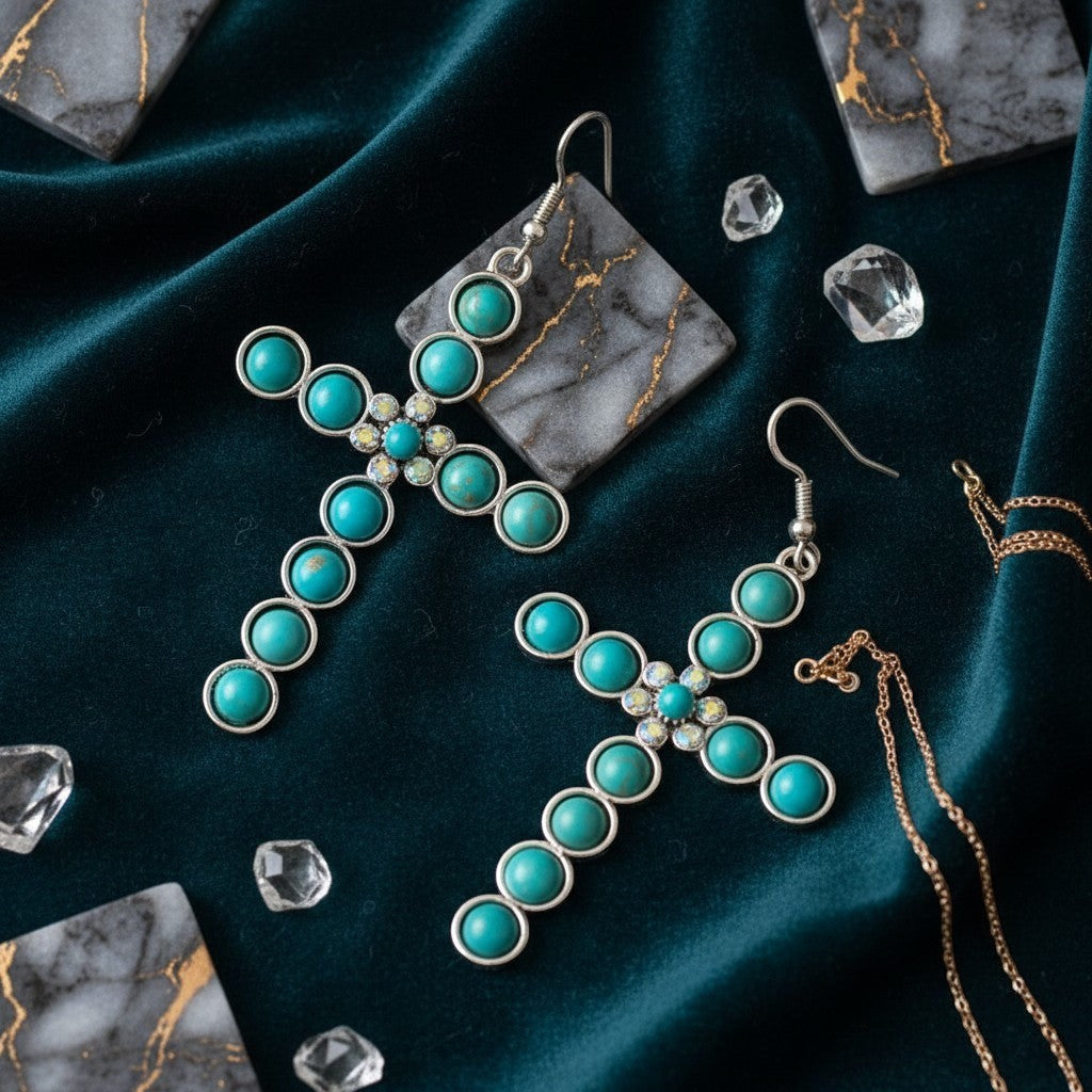 House of eLLe turquoise cross earrings with silver-tone metal and crystal accents on a dark green velvet background.