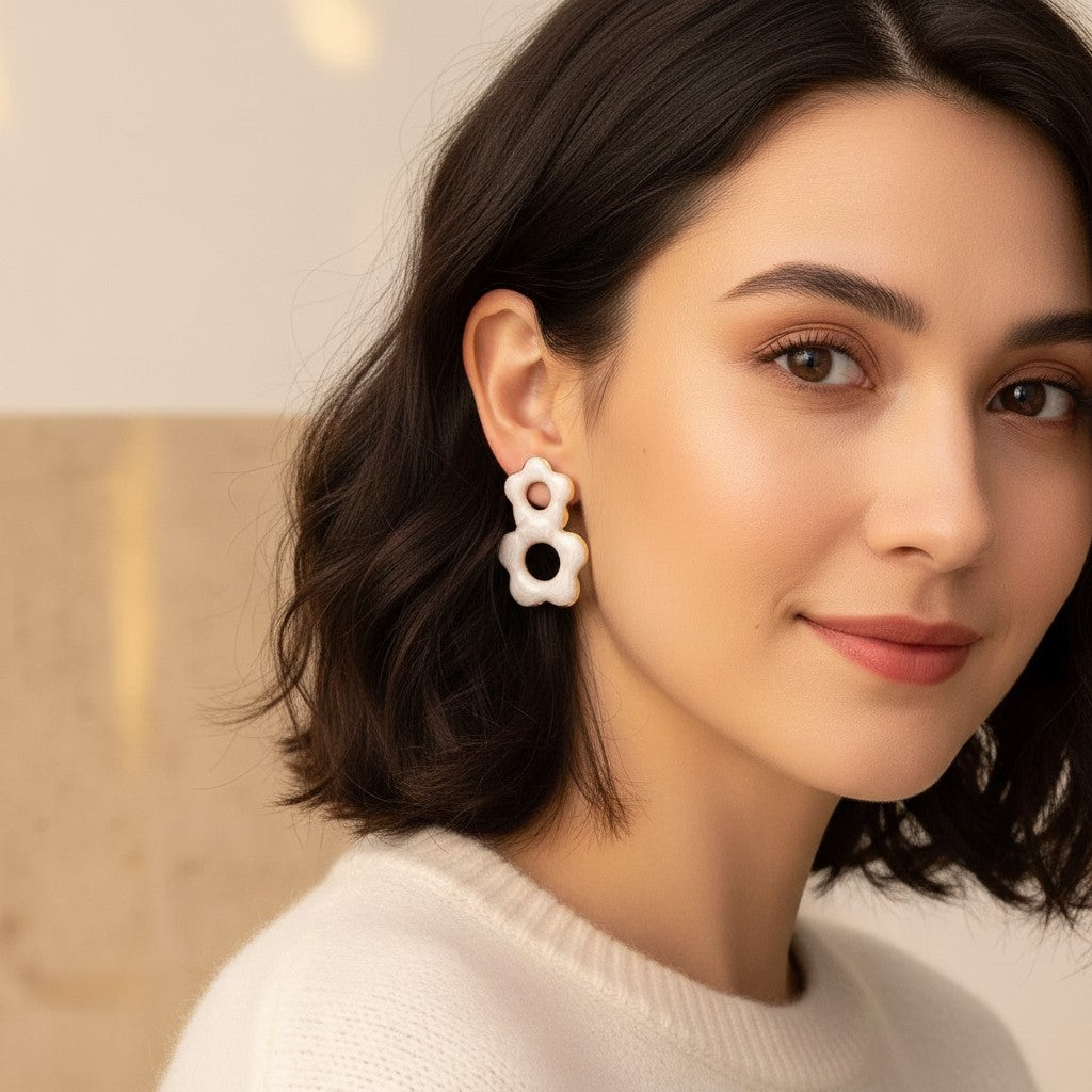 House of eLLe Flow Vibes white stainless steel flower-shaped drop earrings worn by a woman with dark hair