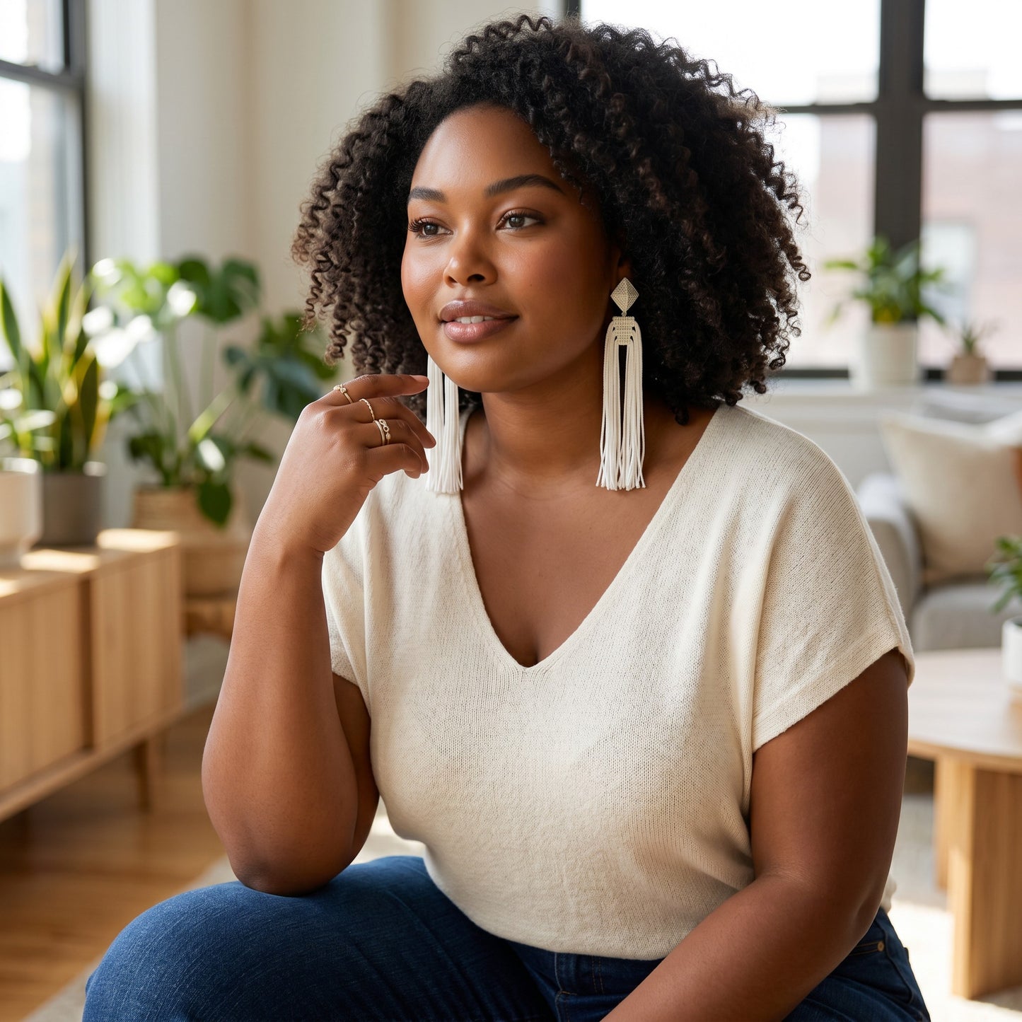 A woman wearing House of eLLe Queen Era white tassel earrings with a geometric top in a bright living room.