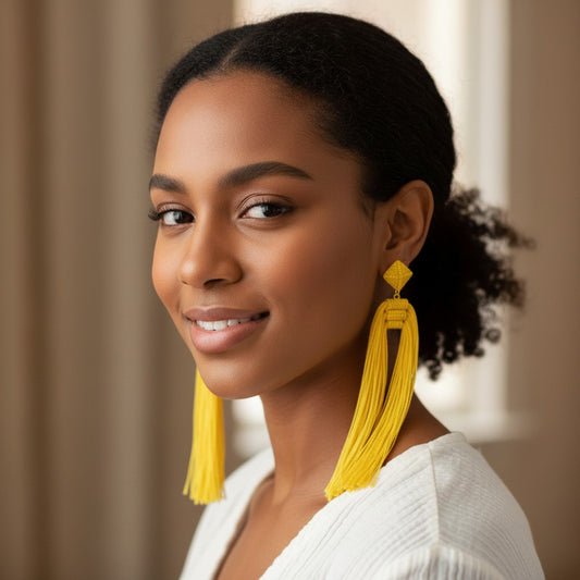 Woman wearing House of eLLe Queen Era yellow tassel earrings with a geometric stud design