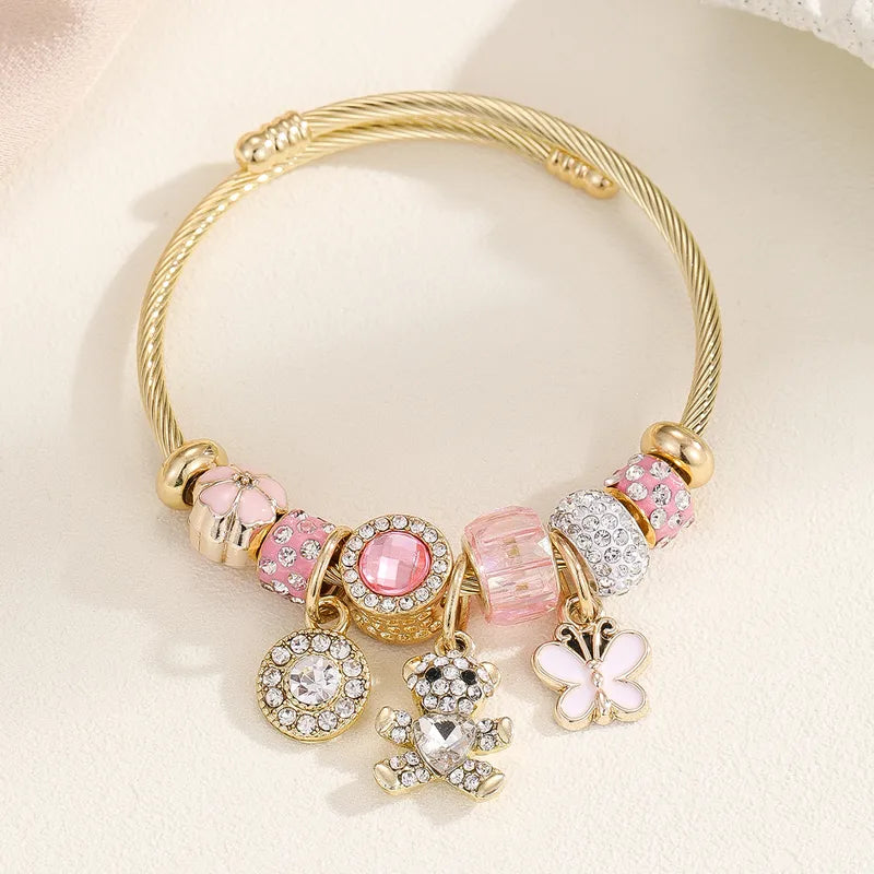 Blinged Bear Heart Bracelet - Pink